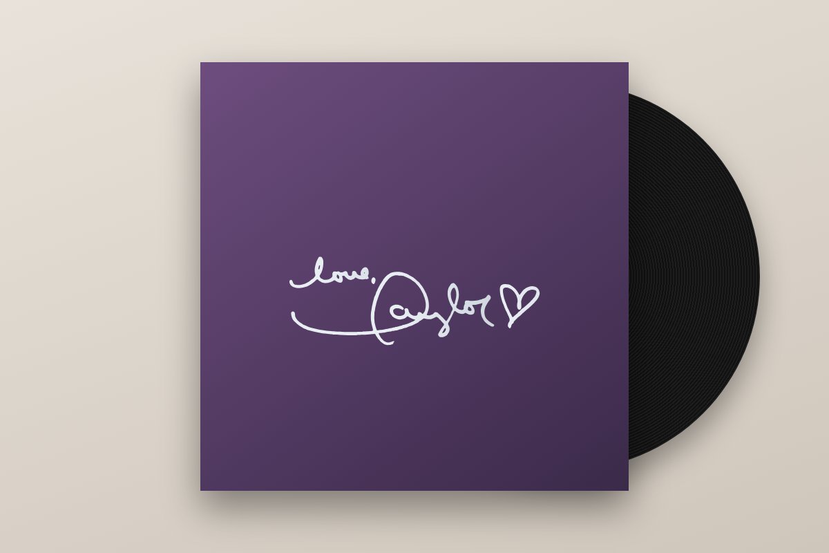 Illustration der Unterschrift von Taylor Swift in Silberstift auf einer Vinylhülle